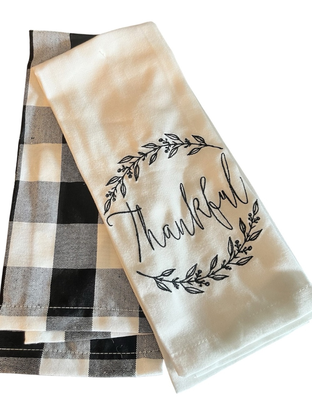 Thankful Embroidered Kitchen Towels - Black & White Set